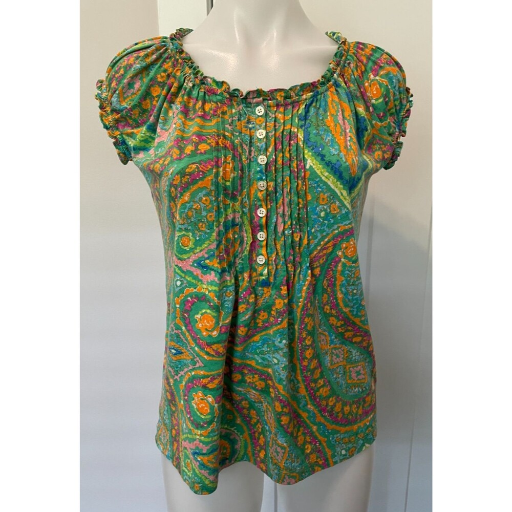 RALPH LAUREN Womens Knit TOP Short Sleeve GREEN Orange Pink PAISLEY Size S